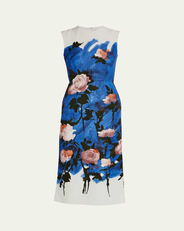 Sleeveless Painterly Floral Midi Pencil Dress